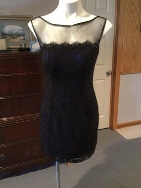 Sheer Yoke Black and Royal Lace Cocktail Dress